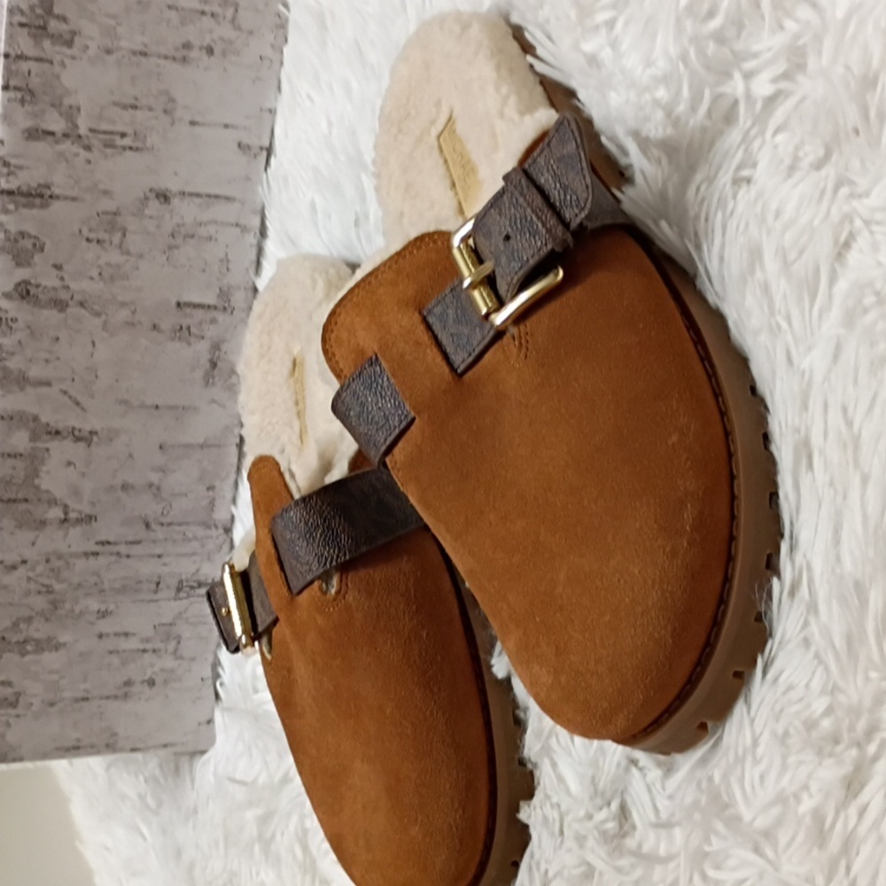 New Michael Kors Judd Brown Suede Mules Shearling Lined Lug Soles Size 7 - Picture 8 of 15